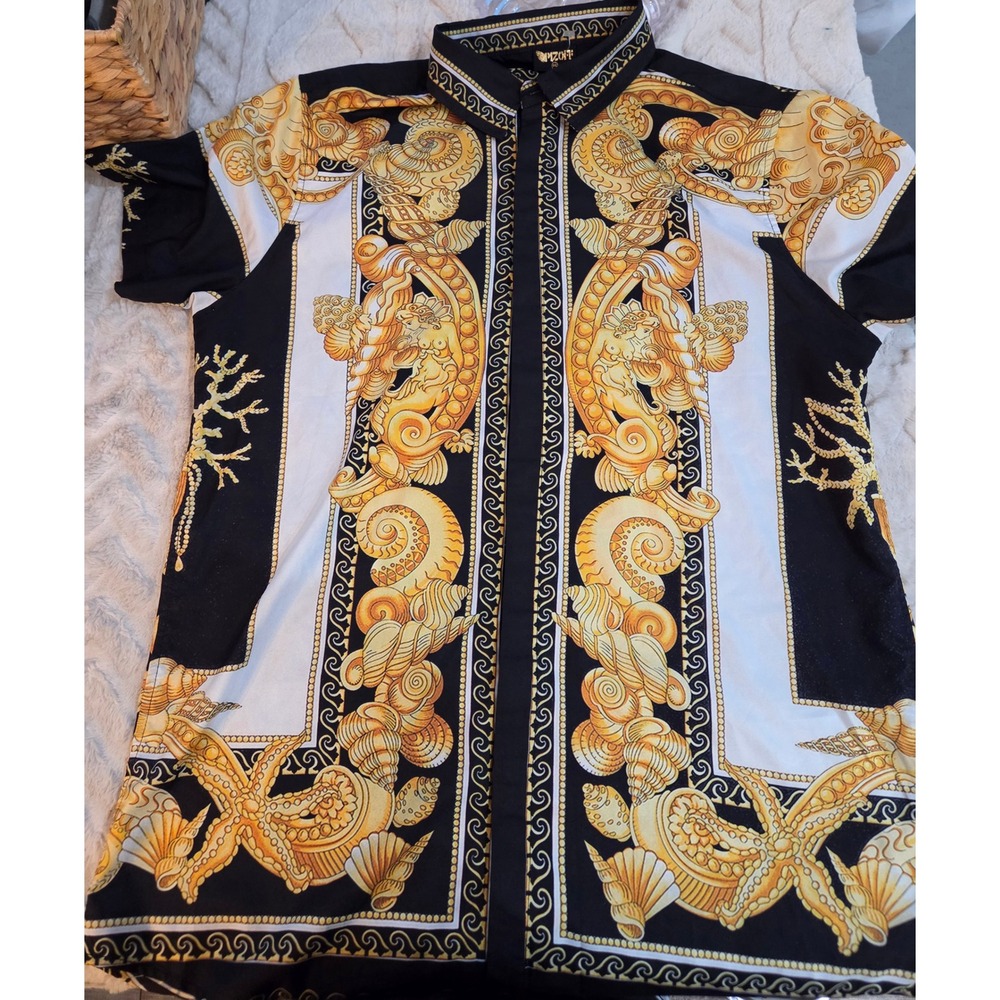 Pizoff Mens XXL Baroque Seashell Print Short Sleeve Button Down Shirt Black Gold